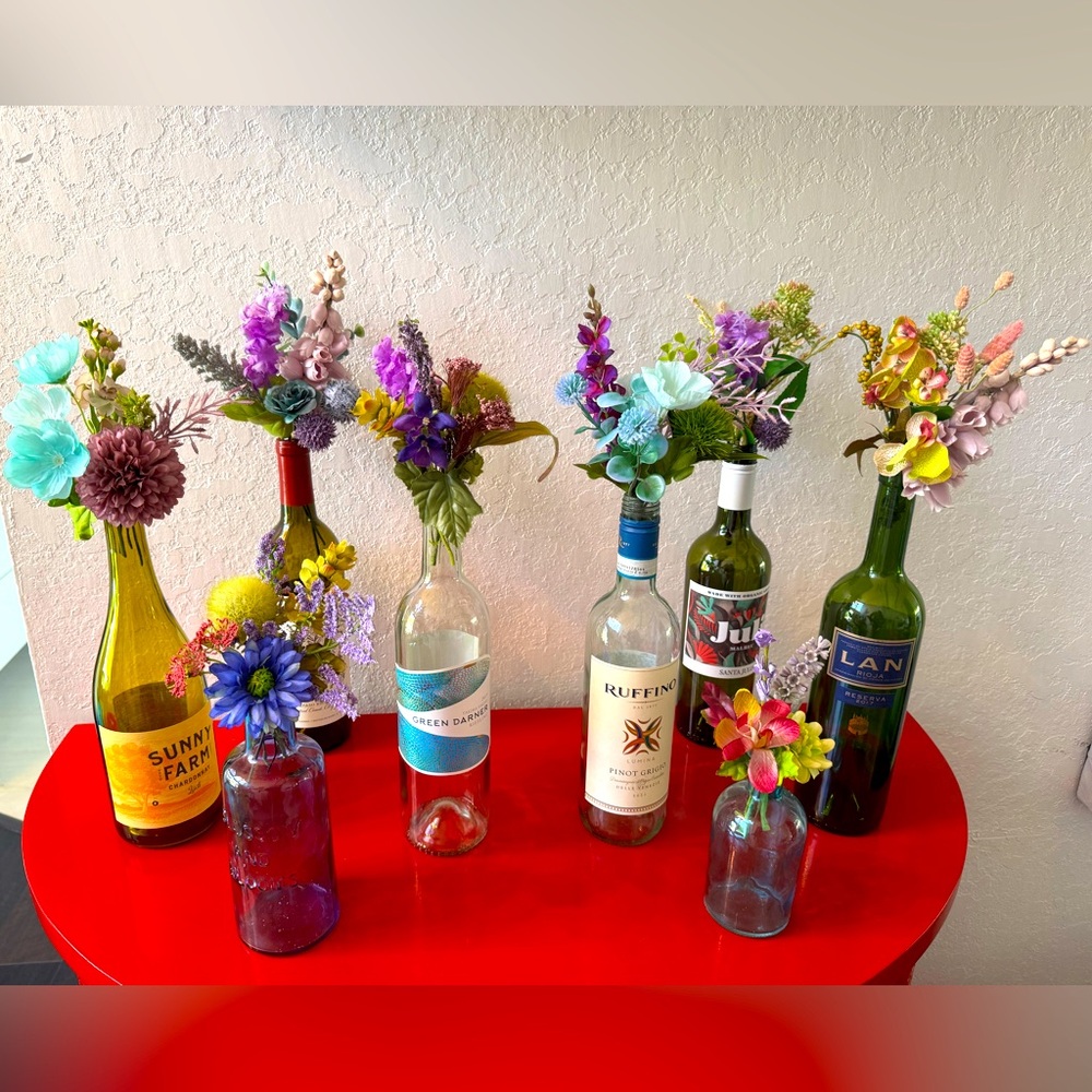 Lot 8 One of a Kind Wine Bottles Bundle Wedding centerpieces Glass flowers Decor